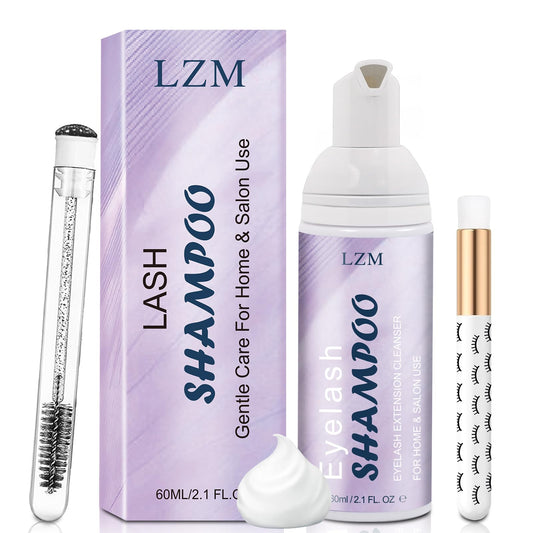 LZM Lash Shampoo Lash Cleaner - Lash Wash Cleaning kit for Cluster Lash/Eyelash Extensions Lash Bath Lash Cleanser Foam Lash Soap Lash Care Oil Free 60ml(3-IN-1 SHAMPOO KIT)
